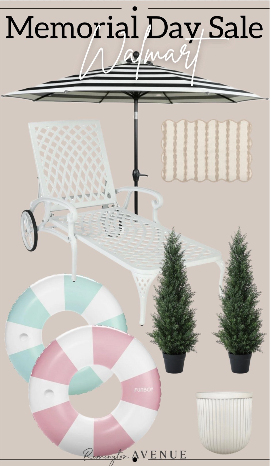 Poolside finds from the Walmart Memorial Day sale! Metal chaise lounger set of 2, oversized inflatable tubes, realistic faux topiaries, the cutest shade umbrella, and the perfect doormat

#LTKHome #LTKSeasonal #LTKSaleAlert