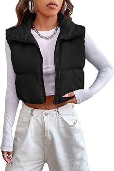 Verdusa Women's Crop Puffer Vest Zip Up Sleeveless Jacket Down Coat Waistcoat | Amazon (US)