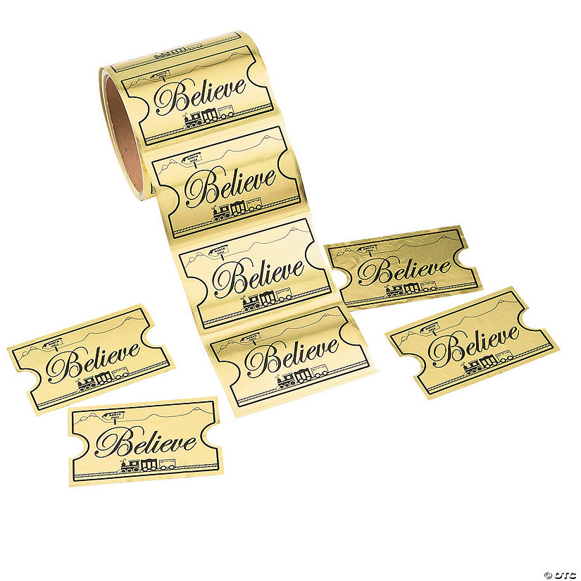 3 1/2" Jumbo Gold Foil Believe Train Ticket  Sticker Roll - 100 Pc. | Oriental Trading Company