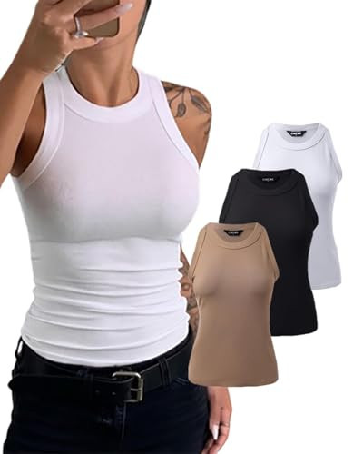 CHICME 3 Piece Womens Tank Tops Plus Size Tops Sleeveless Basic Cami Top Ribbed Racerback Blouses White Khaki Black-XXL | Amazon (US)
