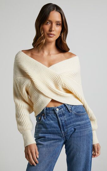 Karensita Wrap Knitted Jumper in Cream | Showpo (ANZ)