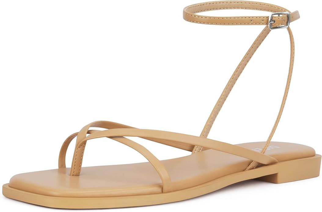 Womens Flats Sandals Square Toe Strappy Ankle Strap Flats | Amazon (US)