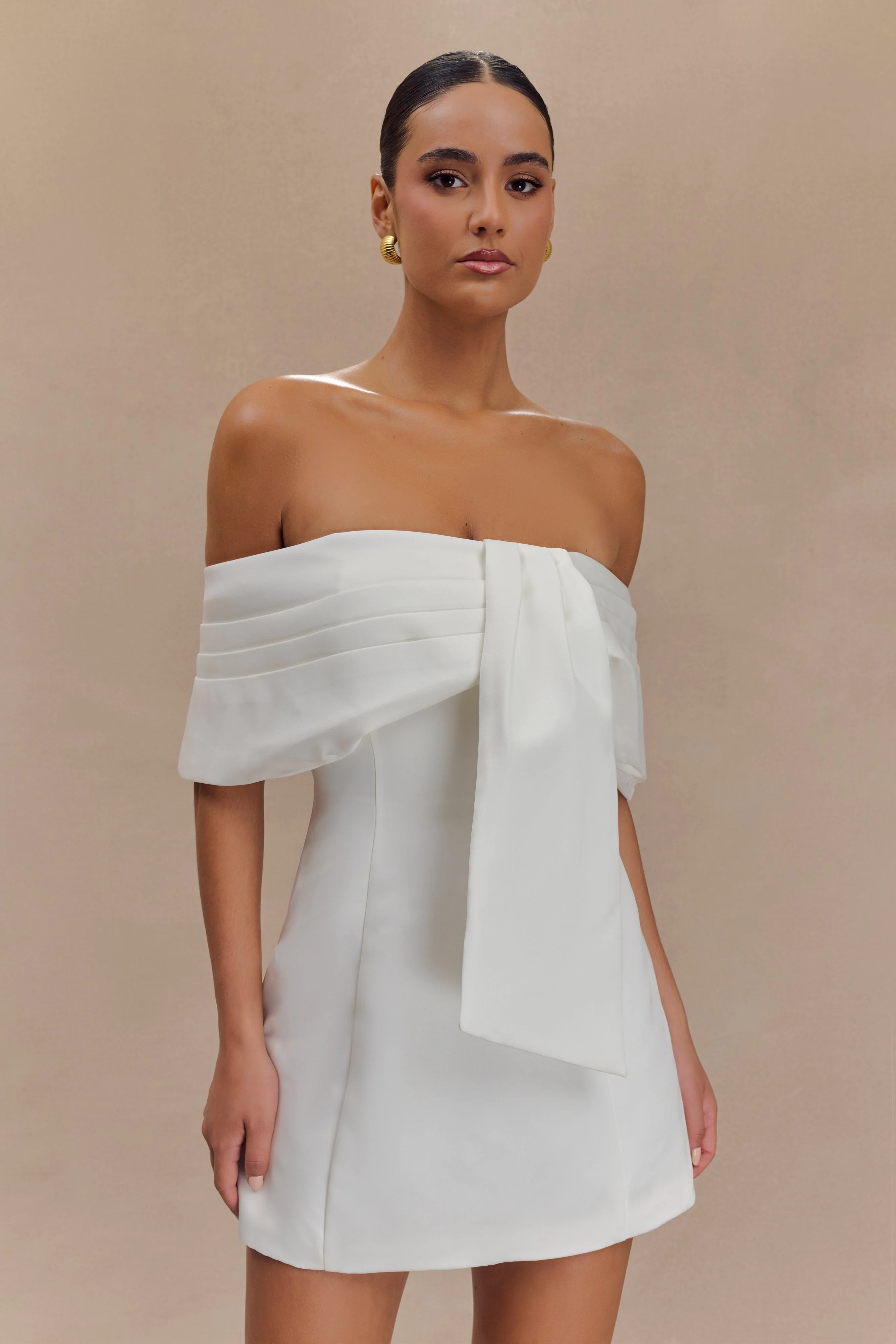 Gloria Mini Off Shoulder Drape Dress - White | MESHKI US