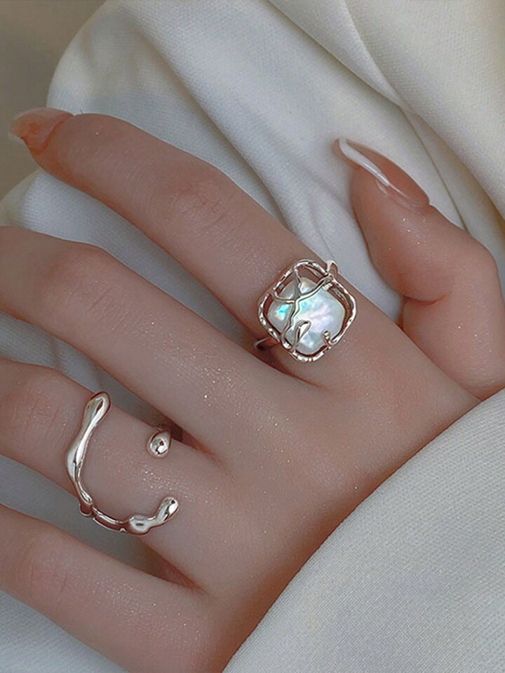 2pcs/set Fashionable Water Drop Texture Faux Gemstone Open Ring, Adjustable Size, Party Y2k Style... | SHEIN