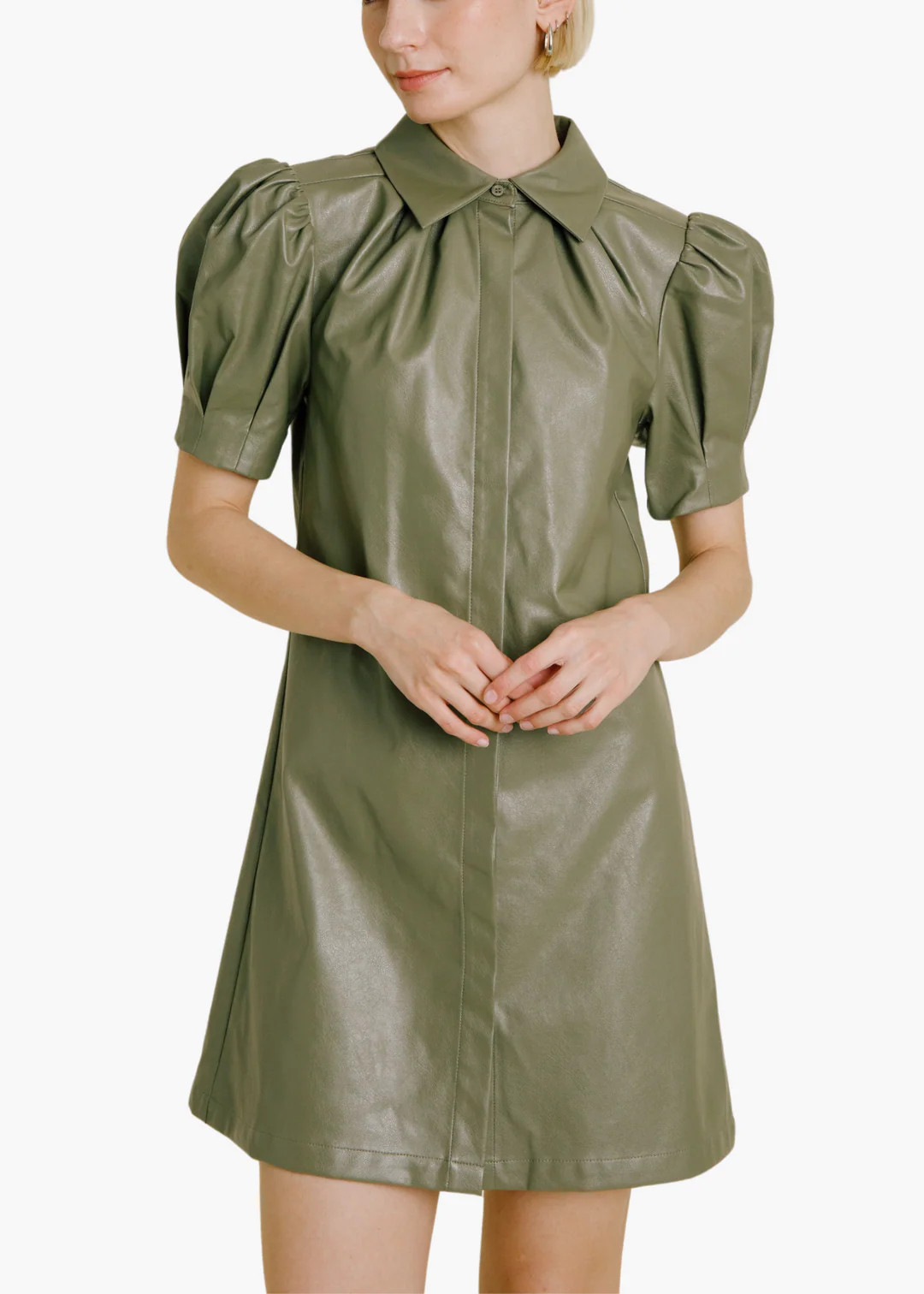 Veronica Vegan Leather Mini Dress in Olive | Poppy and Pink