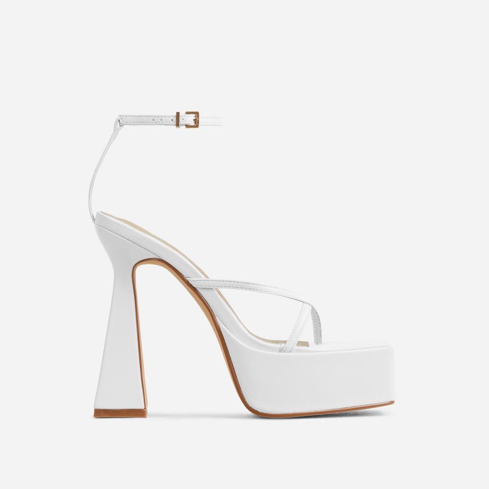 Dion Ankle Strap Square Toe Platform Flared Block Heel In White Faux Leather | EGO Shoes (US & Canada)