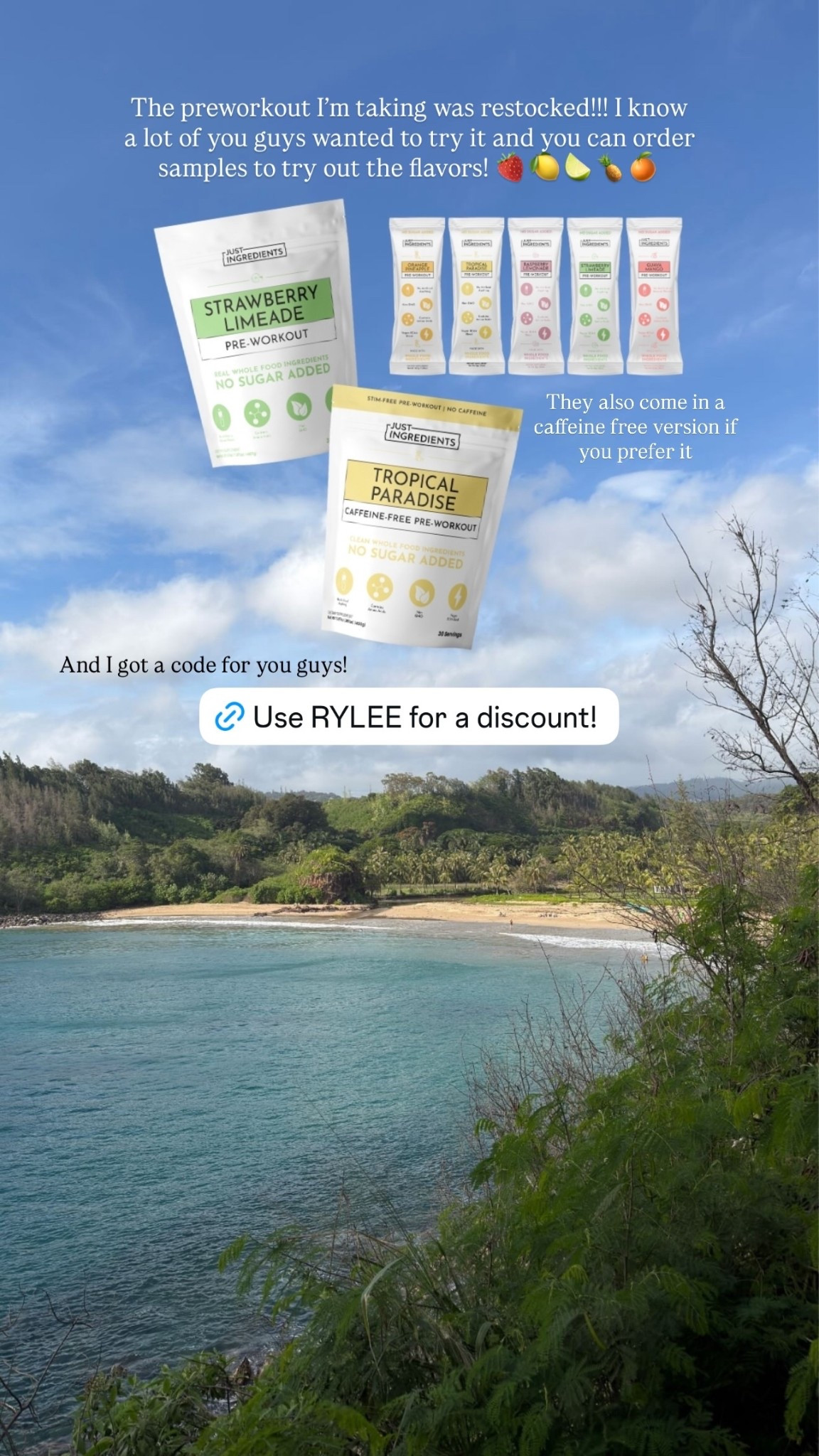 The preworkout I’m taking was restocked!!! I know a lot of you guys wanted to try it and you can order samples to try out the flavors! 🍓🍋🍋‍🟩🍍🍊 And I got a code for you guys! They also come in a caffeine free version if you prefer it