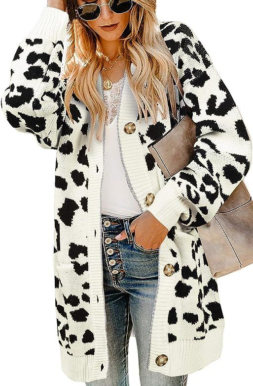 Women Leopard Cardigan Long Open Front Sweaters Oversized Loose Knit Coat Draped Jackets with Poc... | Amazon (US)