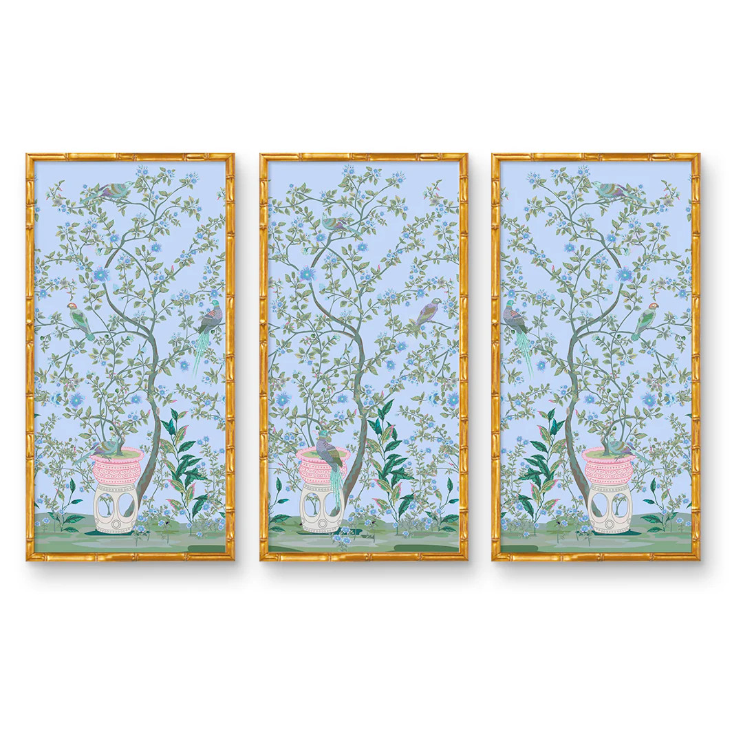 Sitting Bird Chinoiserie Panel Trio | Large Bird Murals | Urban Garden Prints