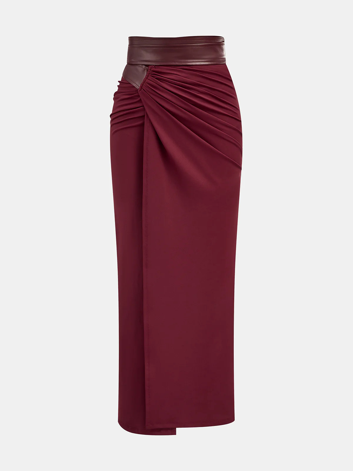 Faux Leather Panel Ruched Midi Skirt | Commense