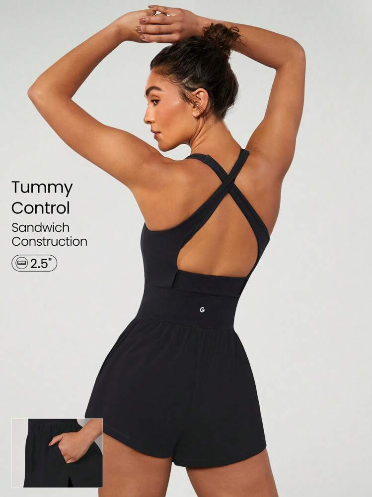 GLOWMODE 2.5" FeatherFit™ Sleeveless 2-In-1 Dolphin-Hem Performance Sports Jumpsuit Low Impact Yoga Studio  Jumpsuit  For Woman Quick Dry Moisture Wicking | SHEIN