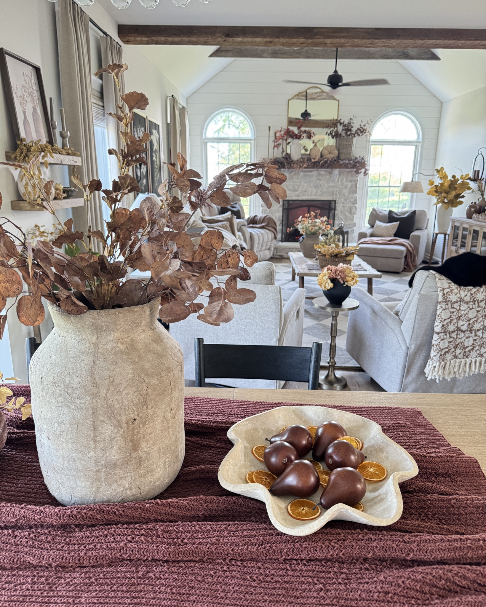 Pretty warm tones for fall. Fill any bowl or vessel with the prettiest faux pears and a nice size bag of dried oranges. Loving the rust tones and the throw I used as a table runner and beautiful fall stems. My best selling whimsical tree. Brown and cream floral throw perfect for this time of year  Solid wood bench and decor. Dining table and chairs. Lots of similar ruffled bowls for faux pears and dried oranges  

#LTKFindsUnder50 #LTKHome #LTKSeasonal