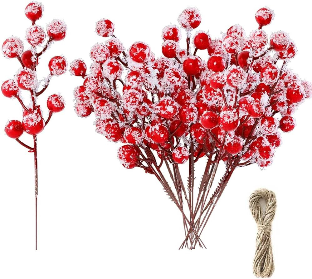 KSPOWWIN 24 PCS Artificial Holly Berry Stem Picks with Snowflake Glitter Christmas Tree Berries P... | Amazon (US)