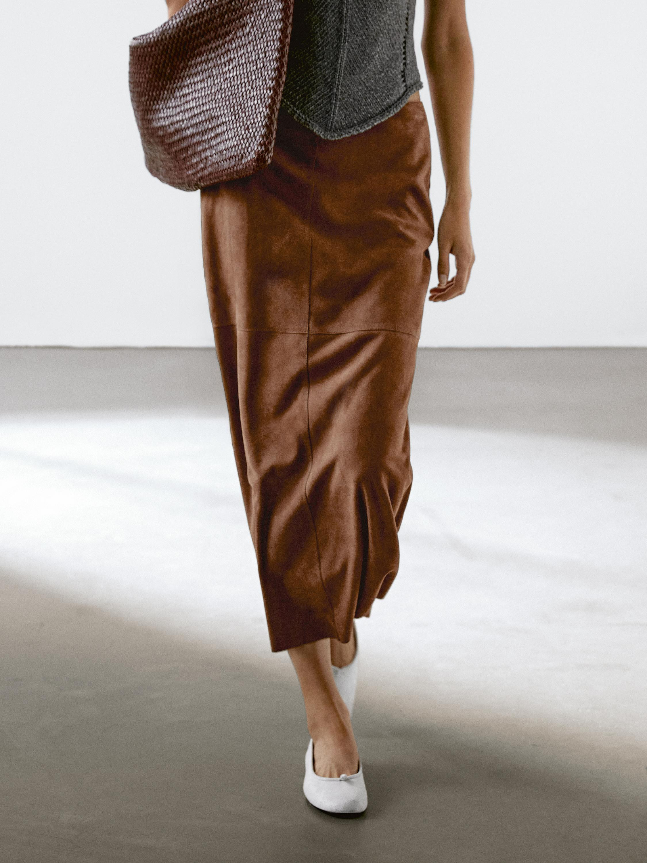 Suede leather midi skirt | Massimo Dutti UK