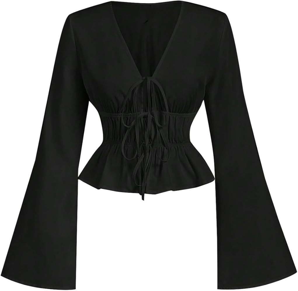 SHENHE Women's Bow Tie Front Top Ruffle Peplum Bell Sleeve Blouse Dressy Going Out Shirt | Amazon (US)