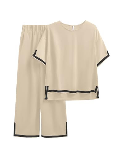 NORACORA Loungewear Plus Size Pajama Sets Wide Leg Linen Knit T-Shirt Ladies Tee Casual Slit Hem Tops Pants 3X Apricot | Amazon (US)