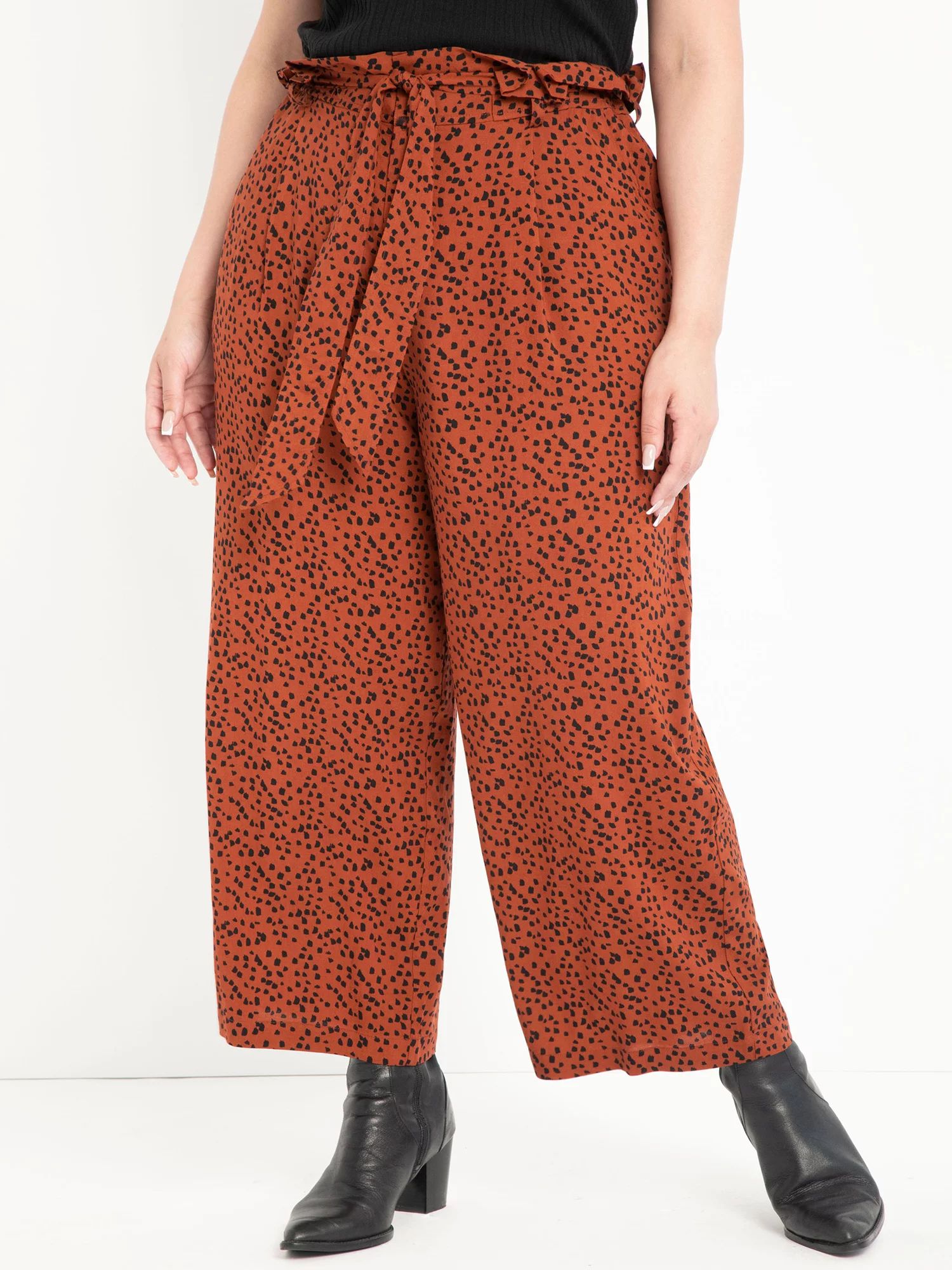 ELOQUII Elements Women's Plus Size Graphic Dot Print Paper Bag Waist Wide Leg Crop Pants | Walmart (US)