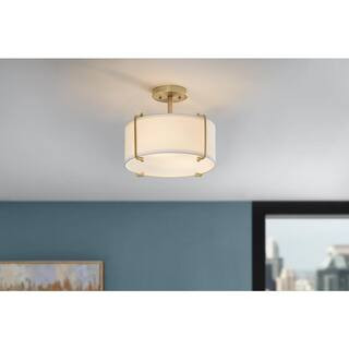 Brookley 14 in. 2-Light Brushed Gold Semi-Flush Mount with White Fabric Shade | The Home Depot