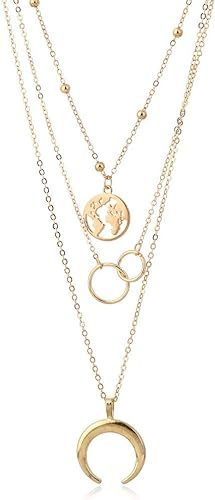 Retro Moon World Map Circle Pendant Multilayer Silver Necklace Party Charm Jewelry Accessories | Amazon (US)