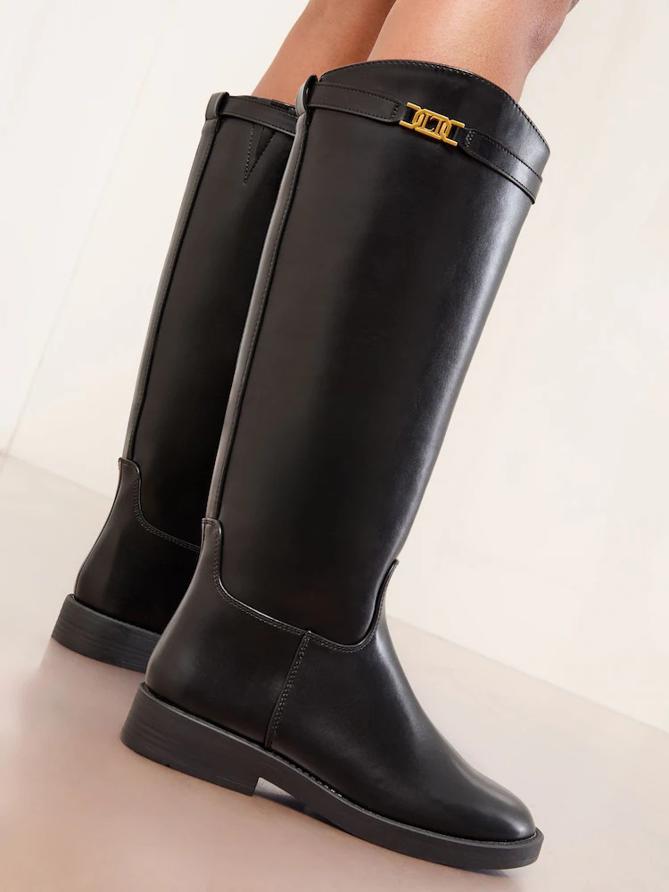 Lipsy Black Wide Fit Flat Long Knee High Faux Leather Riding Boots | Next EU