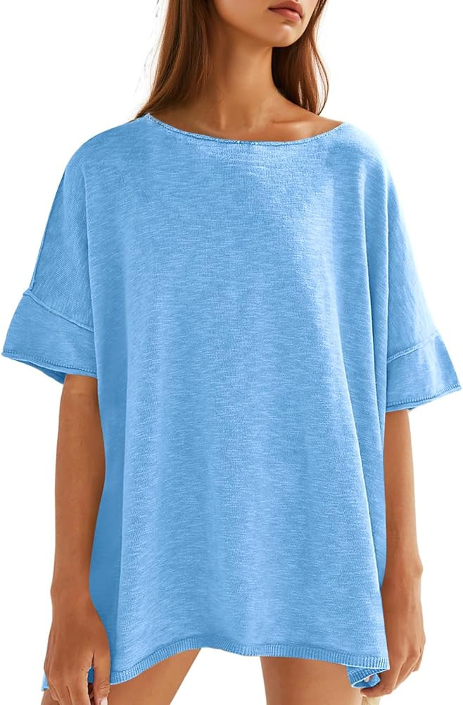 Tankaneo Women's Oversized T Shirts Casual Summer Crew Neck Loose Dropped Short Sleeve Side Slit ... | Amazon (US)