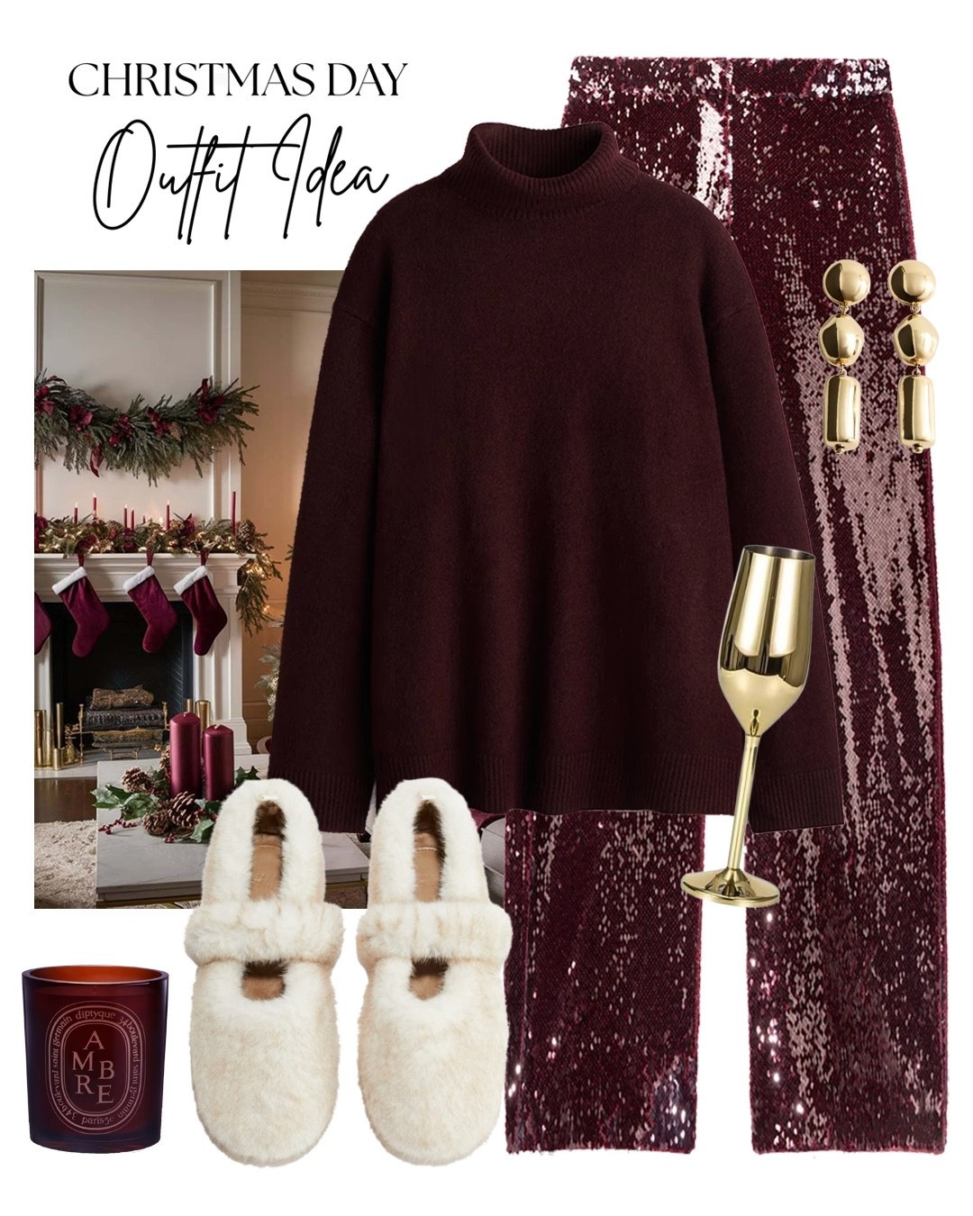 Burgundy sequin trousers burgundy roll neck jumper faux fur cream ballet flats slippers Christmas Day outfit 

#LTKuk #LTKeurope #LTKfestive