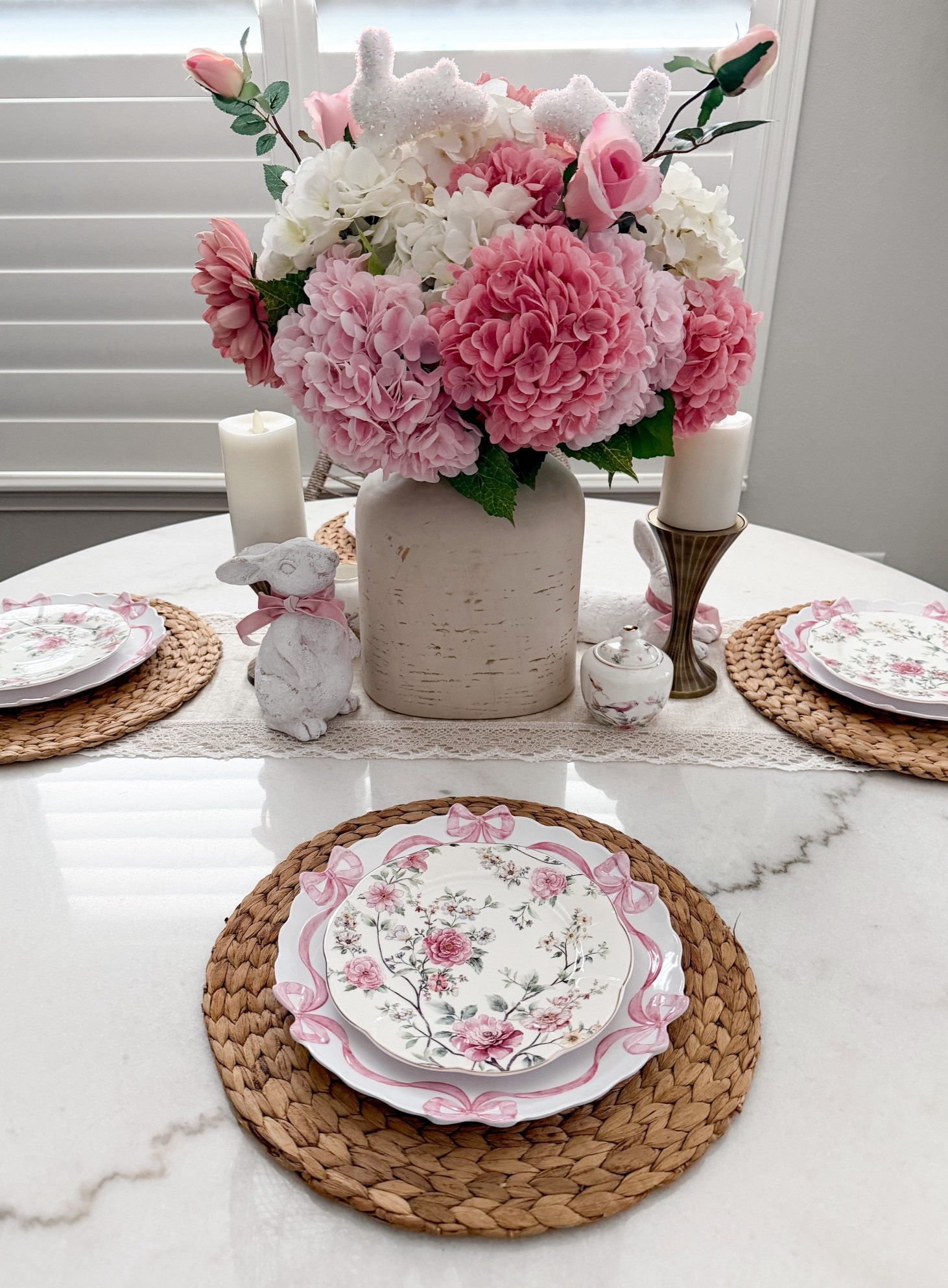Easter to easy spring tablescape setting inspiration #easter #spring #tabledecor #tablescspe #bunnies #coquette #bows #walmart #flowerarrangement #seasonaldecor #bowplates 

#LTKHome #LTKSeasonal #LTKSpringSale