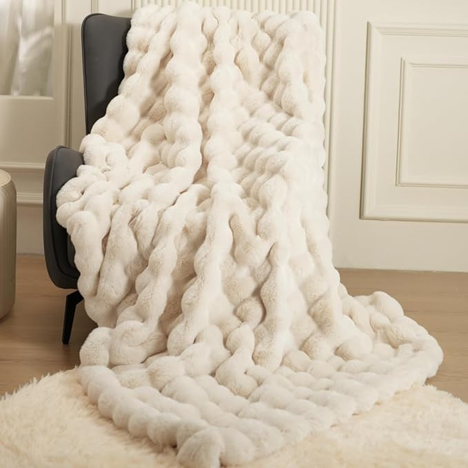 Super Comfort Oversized Warm Thick Bubble Luxury Plush Rabbit Faux Fur Throw Blanket, Fluffy Blan... | Amazon (US)