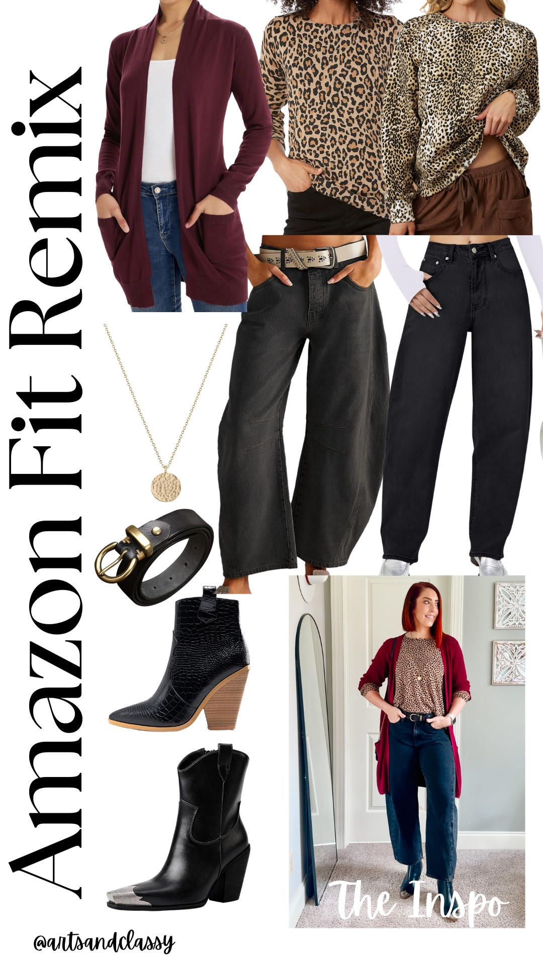 Cozy yet chic for the holidays! This leopard print sweater, wine-red duster, and black barrel jeans make the perfect holiday party or Christmas outfit. Add western booties for a stylish finish. Shop now on my LTK! Great pieces for her in my gift guide! #LTKCyberWeek #HolidayOutfits 

 #LTKGiftGuide #LTKHoliday #LTKStyleTip