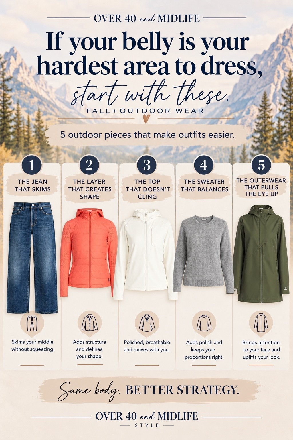 If getting dressed for fall means layers on top of a belly you’re already self conscious about, the wrong outdoor wear can make everything feel heavier.

So I stopped asking, “Is it cute?” and started asking, “What is it doing for my shape?”

These are the outdoor pieces I look for now: structure without stiffness, clean lines without cling, and layers that work with what I already own.

That’s Outfit Physics™: LIFT • SKIM • BALANCE.

Same body. Better strategy. 🤎

And if I were buying ONE outdoor piece first? The coral jacket. It gives you warmth without all the bulky fall layering.