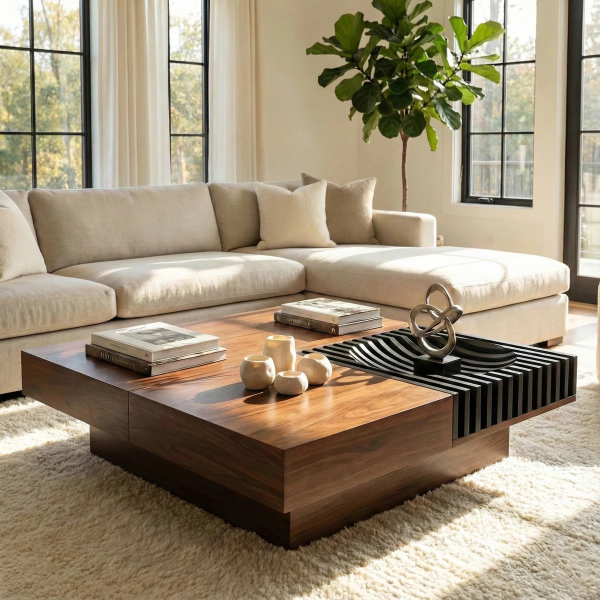Pre-Assembly 39.4” Mid Century Square Wood Coffee Table with Large Storage  Walnut Finish and S... | Wayfair North America