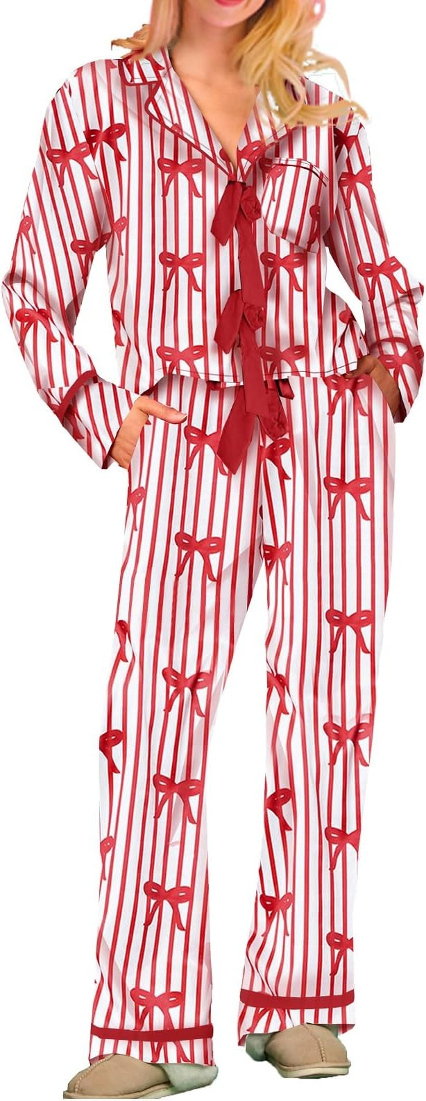 Argeousgor Women Bow Tie Pajamas Satin Silk Heart Print Pajama Set Long Sleeve Button Down Top an... | Amazon (US)