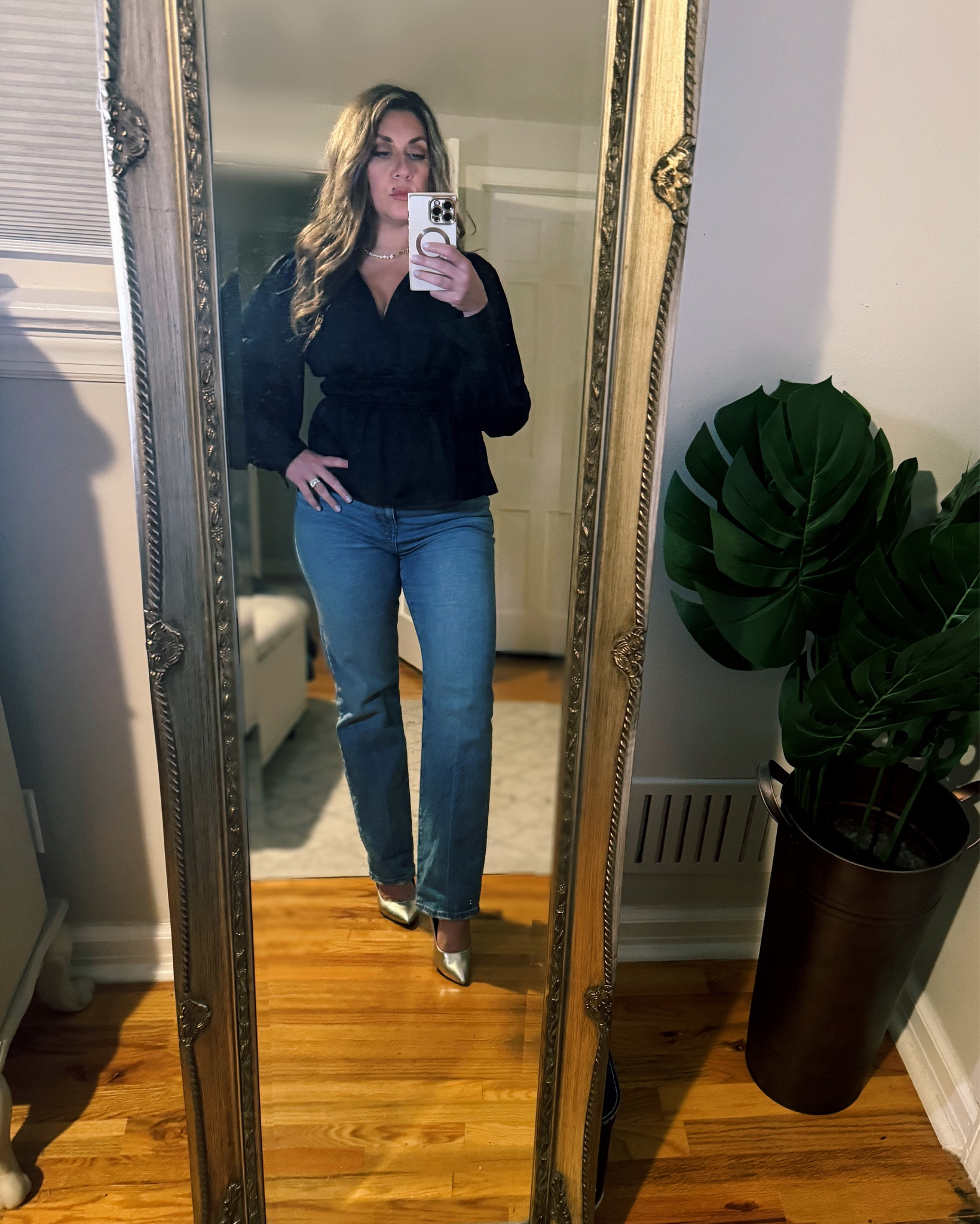 Understated Elegance✨
Loving this understated but elegant (and comfy!) night out look. Straight leg jeans and this peplum top work well together to accentuate the waistline with a contemporary feel. Gold pumps and Melinda Maria jewelry complete the look for a chic finish. #datenight #understatedelegance 

#LTKOver40 #LTKStyleTip #LTKSeasonal