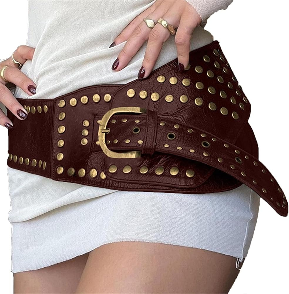 Women Wide Boho Disc Leather Belt Vintage Western Chunky Oval Concho Belt Y2k Grunge Accessories | Amazon (US)