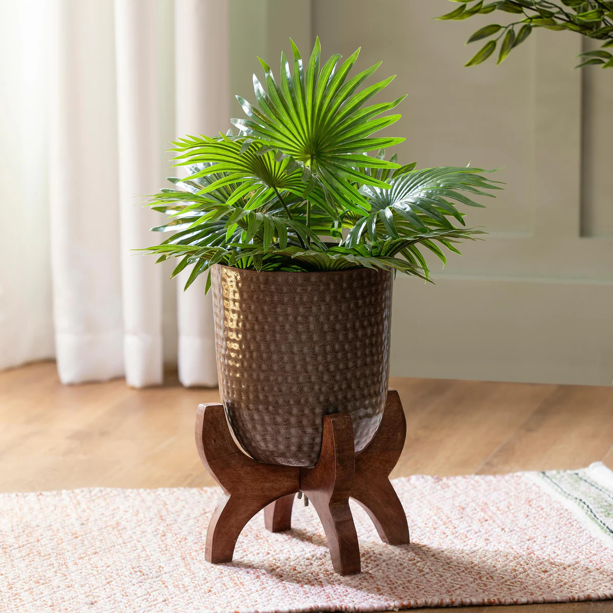 VivaStyle Planter, Metal, Embossed Planter with Wood Stand, 9" H | Plow & Hearth