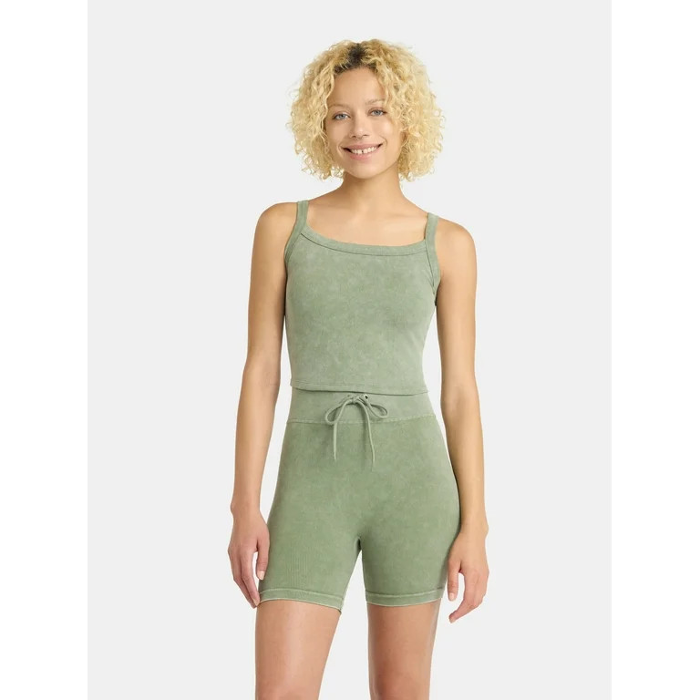 No Boundaries Seamless Shirttail Tank and Tie Front Bike Shorts Set, 2-Piece, Women's | Walmart (US)