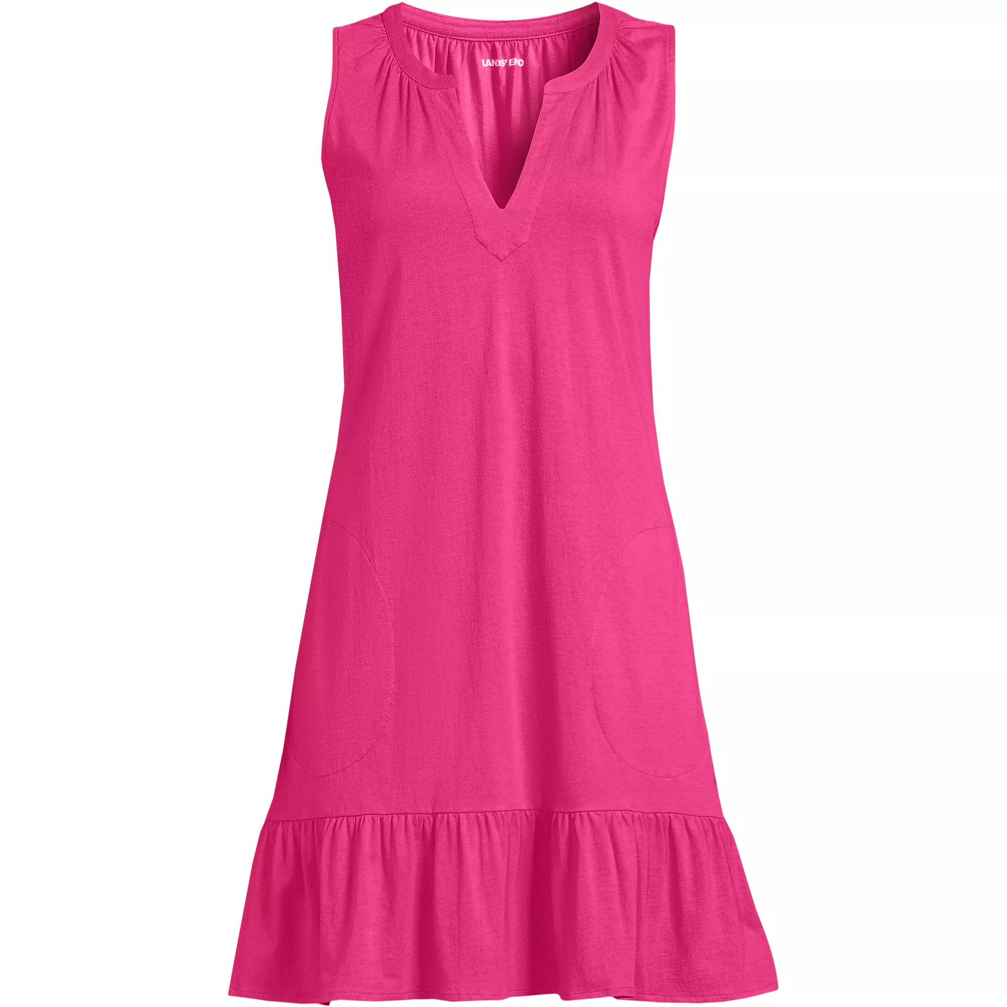 Women's Sleeveless Cotton Jersey Notch Neck Flounce Dress | Lands' End (US)