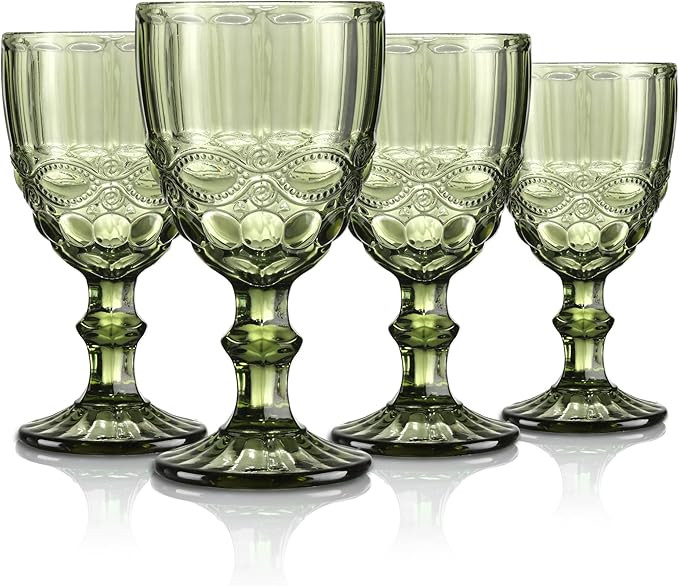 Joeyan Green Vintage Wine Glasses,Clear Water Goblet Glasses with Embossed Serpentine Pattern,Ste... | Amazon (US)