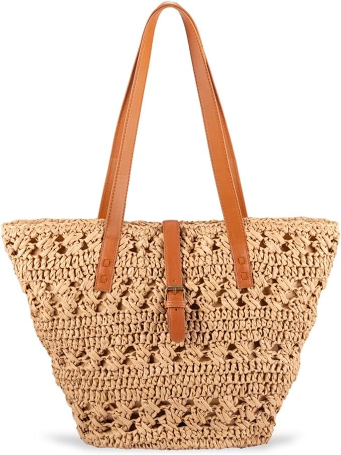 Straw Bag for Women - Summer Beach Bag Foldable Woven Tote Bags - M Women Handmade Crochet Should... | Amazon (US)
