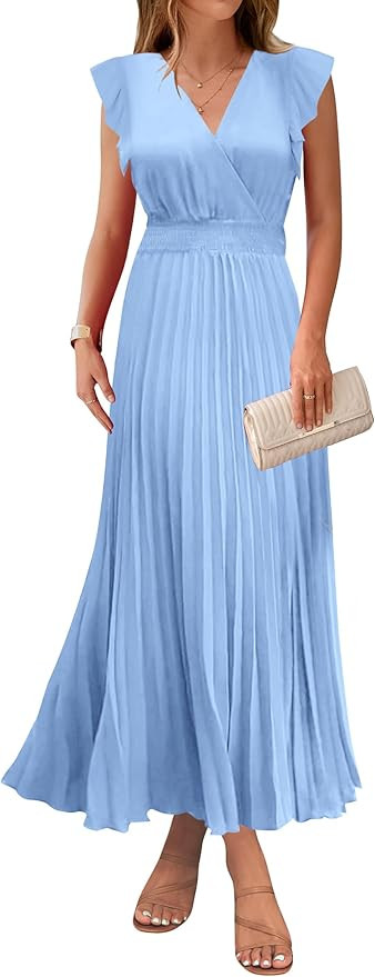 KIRUNDO Women's Summer Maxi Dresses Elegant V Neck Ruffle Flutter Sleeves Empire Waist Pleated Fl... | Amazon (US)