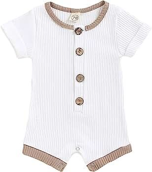 Newborn Baby Boys Girls Knitted Short Sleeve Romper Unisex Button Pajamas Set One Piece Bodysuit | Amazon (US)