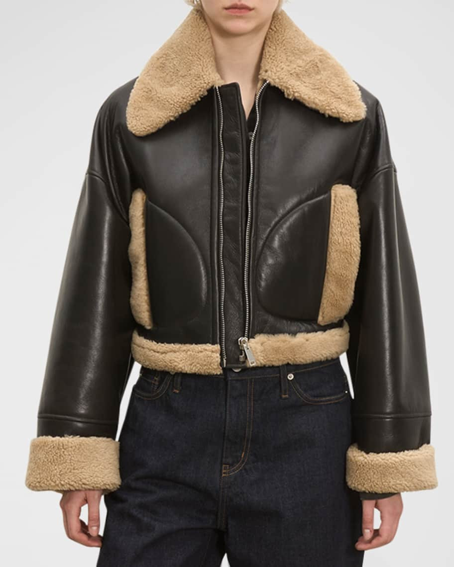 HALFBOY Short Leather Aviator Jacket with Shearling Trim | Neiman Marcus