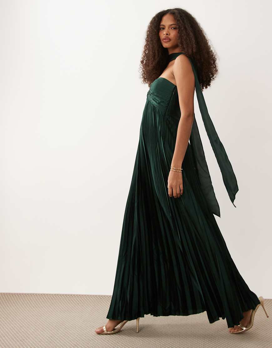 Abercrombie & Fitch strapless plisse maxi dress with scarf detail in dark green | ASOS (Global)