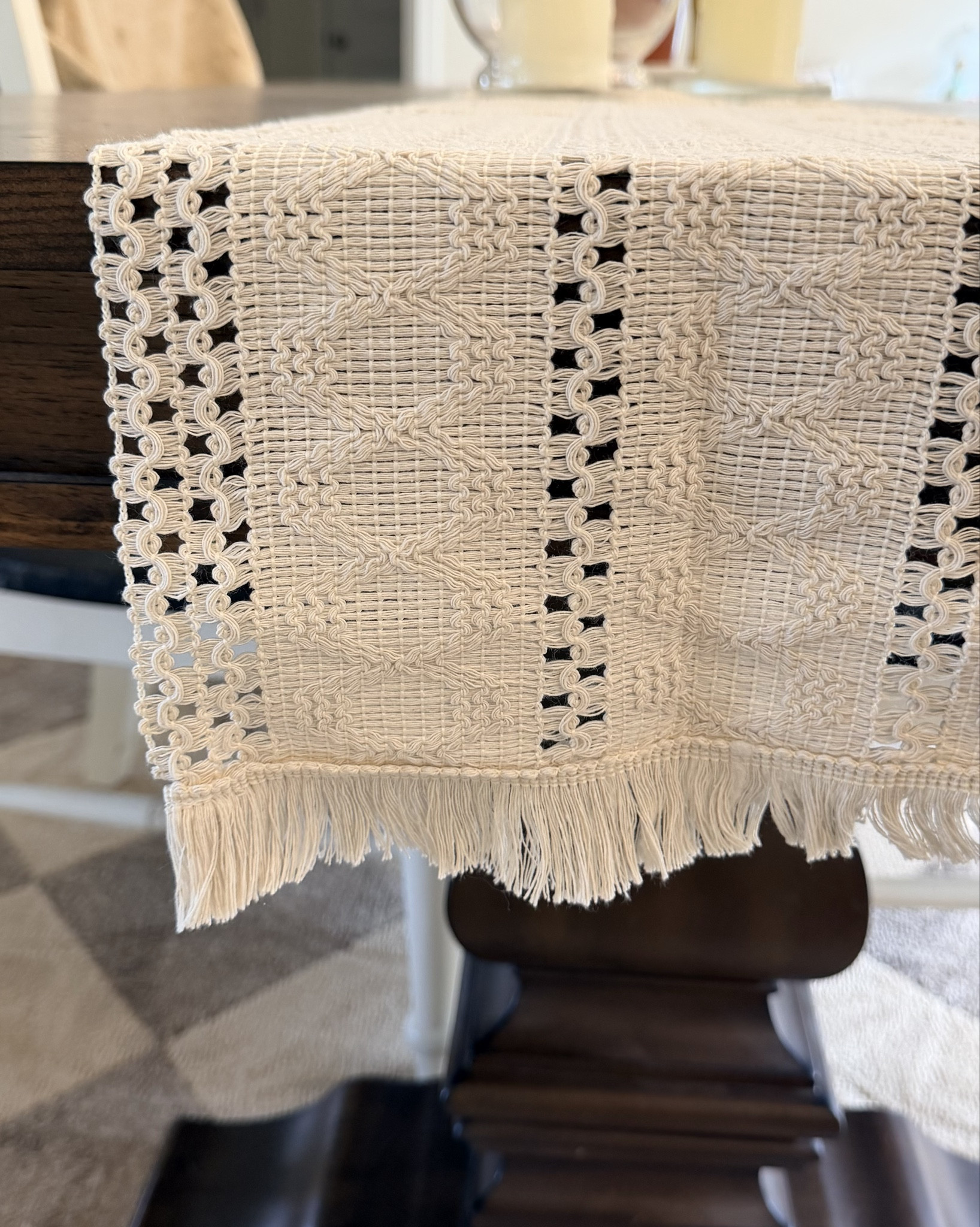 This cream macrame table runner adds such a soft, textured look to the dining table. The woven cotton and tassel detail give it that cozy farmhouse feel while still staying neutral enough to work year round. It’s one of those simple pieces that makes the whole table feel more styled without doing much else. It’s hard to believe it’s $15!

#LTKstorytime #LTKdayinmylife #LTKHome