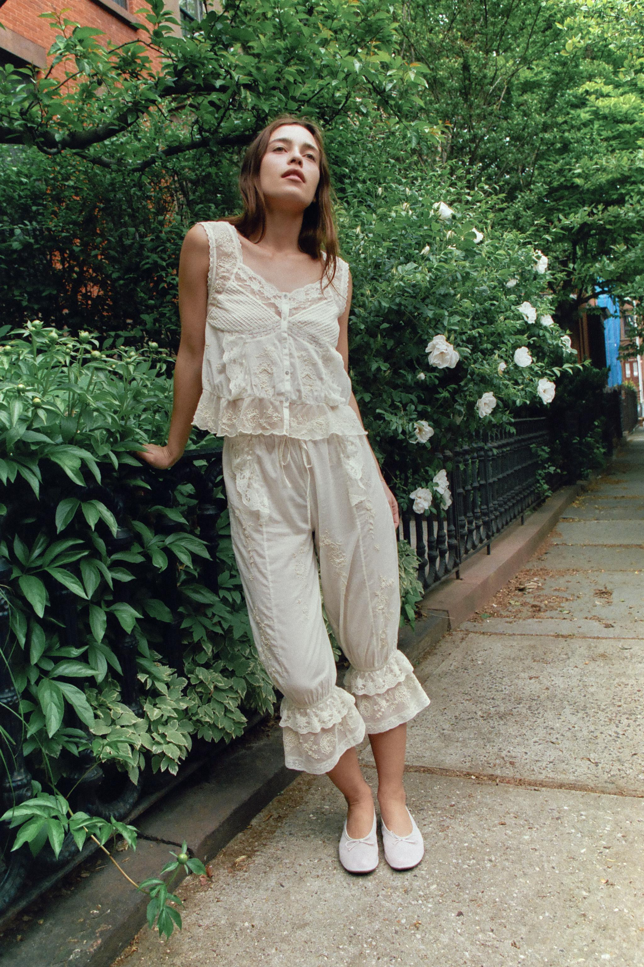 RUFFLED EMBROIDERED BEADED PANTS | Zara US