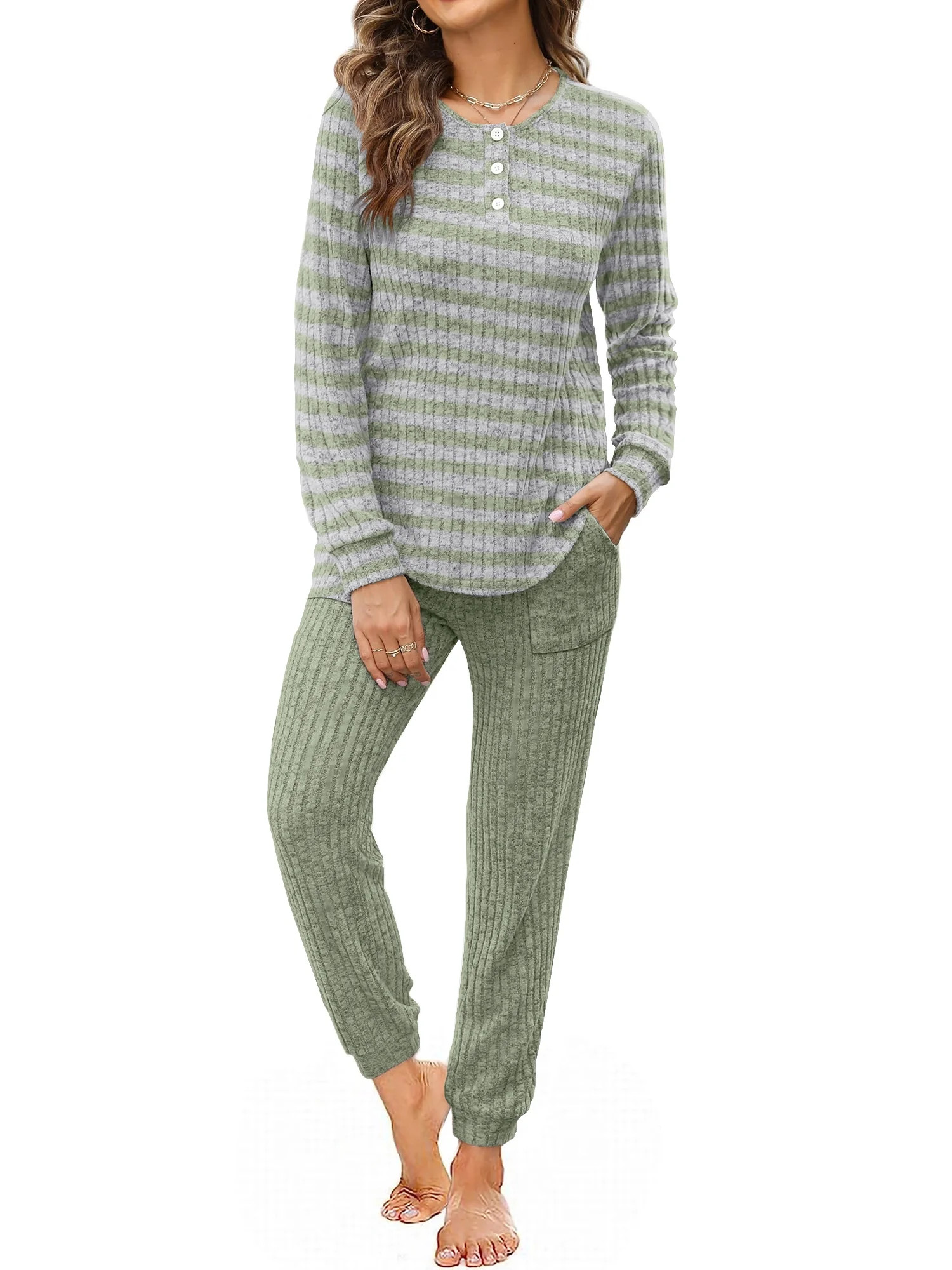 MOSHU Two Piece Womens Pajama Sets Button Down Shirts and Drawstring Pants with Pockets Solid Lou... | Walmart (US)