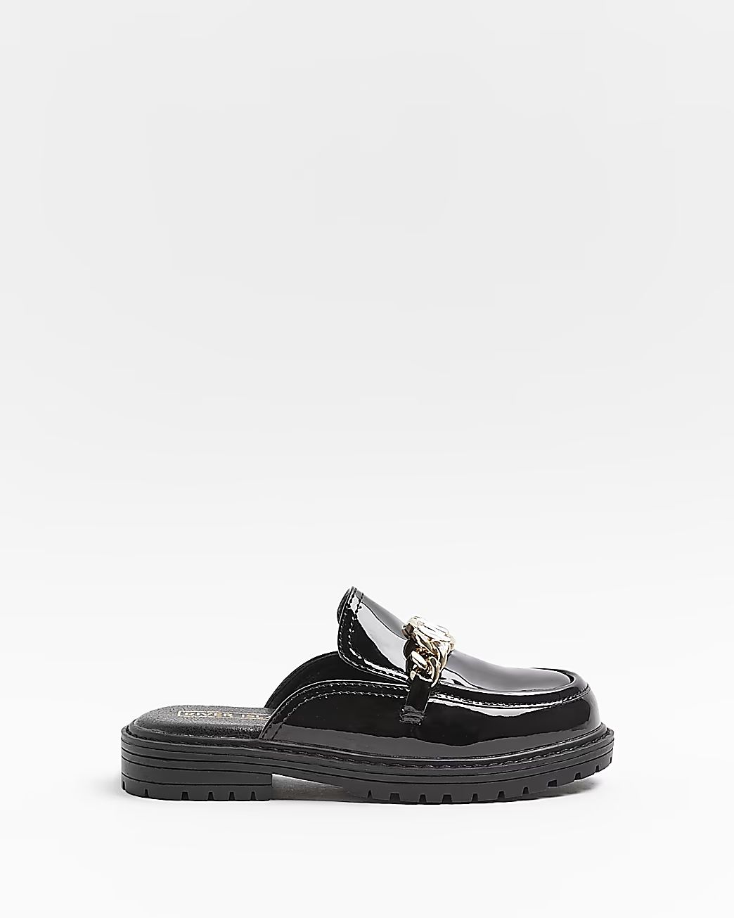 River Island Girls Black Patent Backless Chunky Loafers | River Island (US)