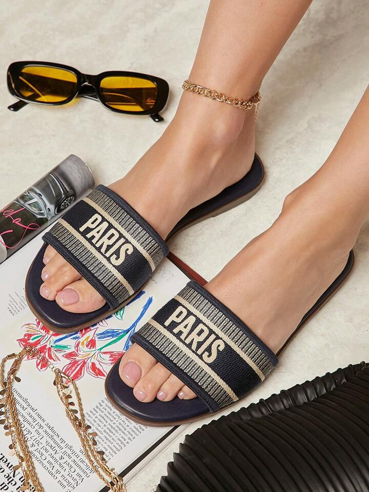 SHUZIA Women's Replica Embroidered PARIS Logo Open Toe Flynit Navy Slides – Casual, Stylish & Comfortable Essential Summer Shoes Spring Shoes Spring Break Easter Vacation Shoes Casual Shoes Beach Shoes Mother's Day Present | SHEIN