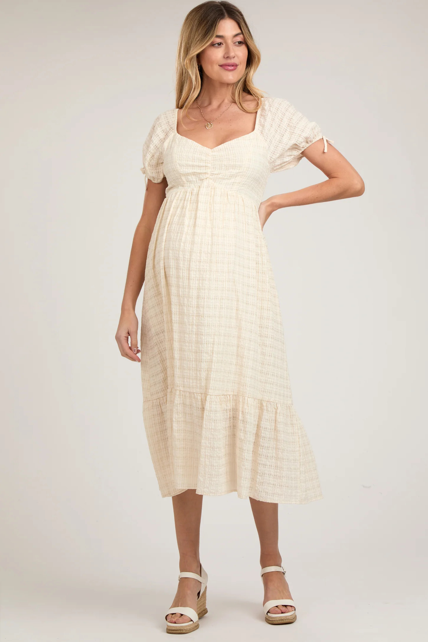 Ivory Textured Plaid Puff Short Sleeve Maternity Midi Dress | PinkBlush Maternity