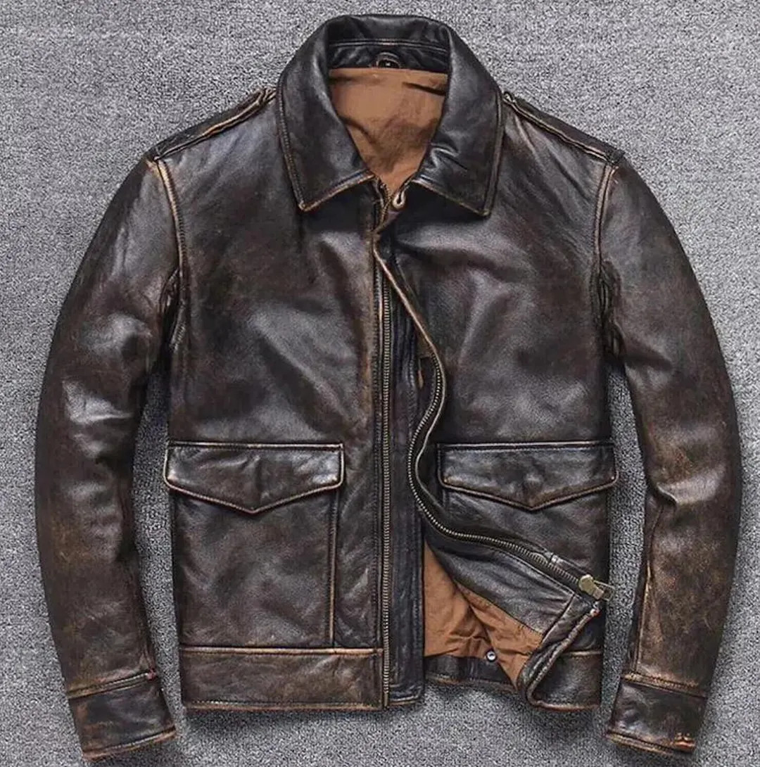 Vintage Distressed Brown Sheepskin A2 Bomber Leather Jacket - Etsy | Etsy (US)